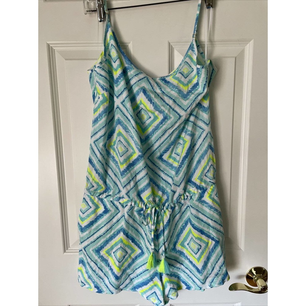 New Southern Tide Blue Kendall Geometric Print Short Romper tassels pockets M